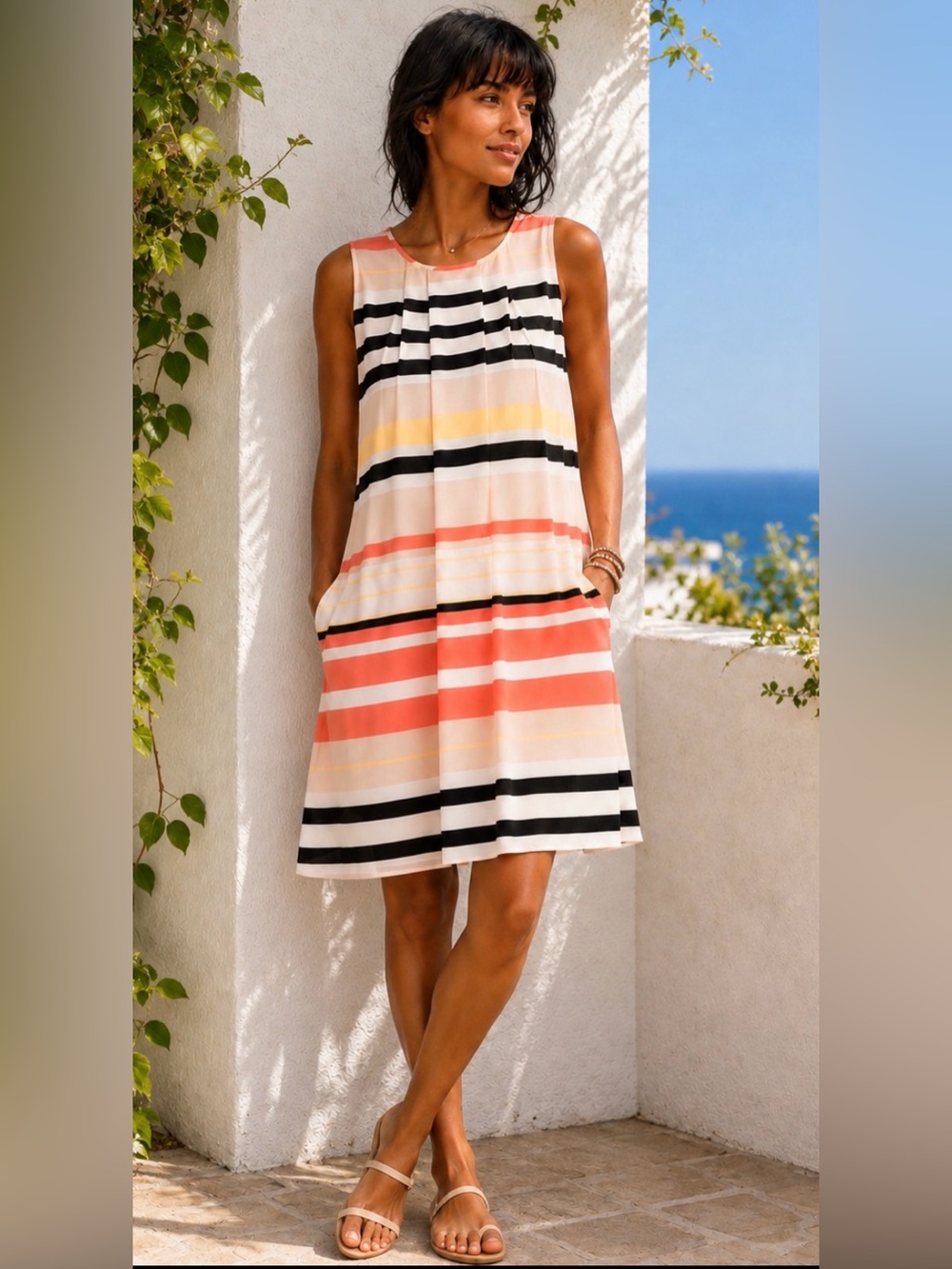 Calvin Klein Sleeveless Striped Sheer Dress in Coral, Black, Cream and Yellow 4